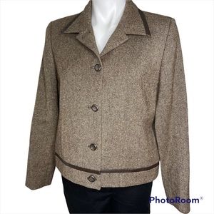 Pendleton Tweed & Leather Trim Blazer Jacket Brown 10P Petite